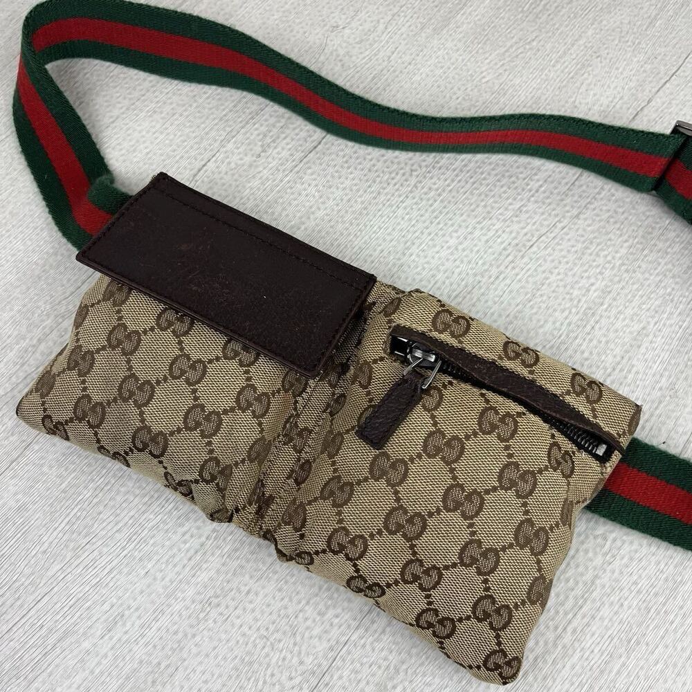 GUCCI GG Canvas Waist Bag Body Beige Brown Leather Crossbody